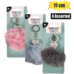 Keychain pom pom w/bling heart 11cm