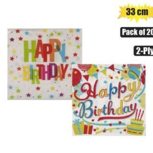 Serviettes 2ply 33cm 20pc happy birthday