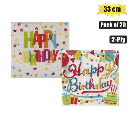 Serviettes 2ply 33cm 20pc happy birthday